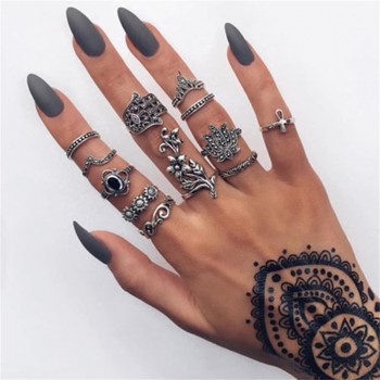 HuaTang Bohemian Antique Silver Crystal Knuckle Ring Geometric Elephant Flower Carving Midi Rings Anel Anillos Ring Set Jewelry