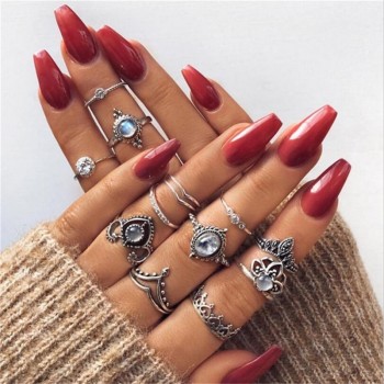 HuaTang Bohemian Antique Silver Crystal Knuckle Ring Geometric Elephant Flower Carving Midi Rings Anel Anillos Ring Set Jewelry