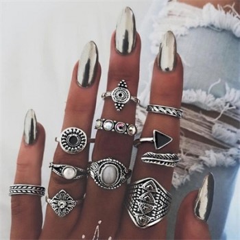HuaTang Bohemian Antique Silver Crystal Knuckle Ring Geometric Elephant Flower Carving Midi Rings Anel Anillos Ring Set Jewelry