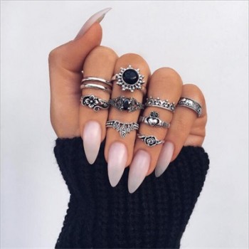 HuaTang Bohemian Antique Silver Crystal Knuckle Ring Geometric Elephant Flower Carving Midi Rings Anel Anillos Ring Set Jewelry