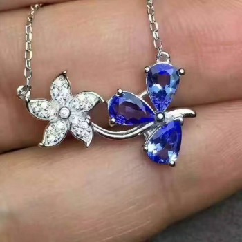 Natural blue tanzanite gem Necklace Natural gemstone Pendant Necklace 925 sliver Elegant romantic bauhinia flower women Jewelry