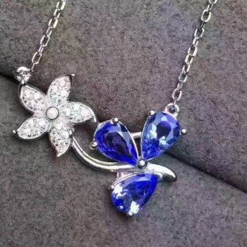 Natural blue tanzanite gem Necklace Natural gemstone Pendant Necklace 925 sliver Elegant romantic bauhinia flower women Jewelry