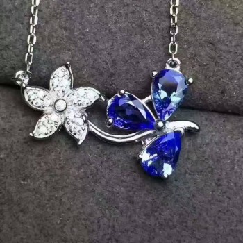 Natural blue tanzanite gem Necklace Natural gemstone Pendant Necklace 925 sliver Elegant romantic bauhinia flower women Jewelry