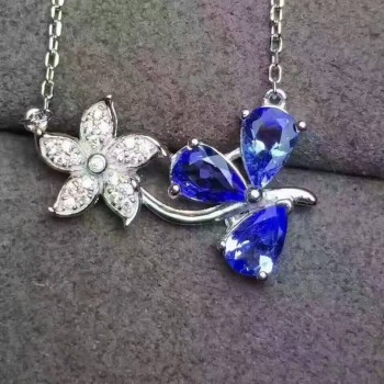 Natural blue tanzanite gem Necklace Natural gemstone Pendant Necklace 925 sliver Elegant romantic bauhinia flower women Jewelry