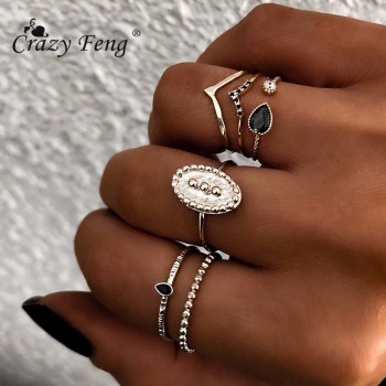 Crazy Feng 6pcs/lot Boho Gold Color Ring Set For Women Waterdrop Crystal CZ Knuckle Midi Finger Rings Jewelry Bague Homme
