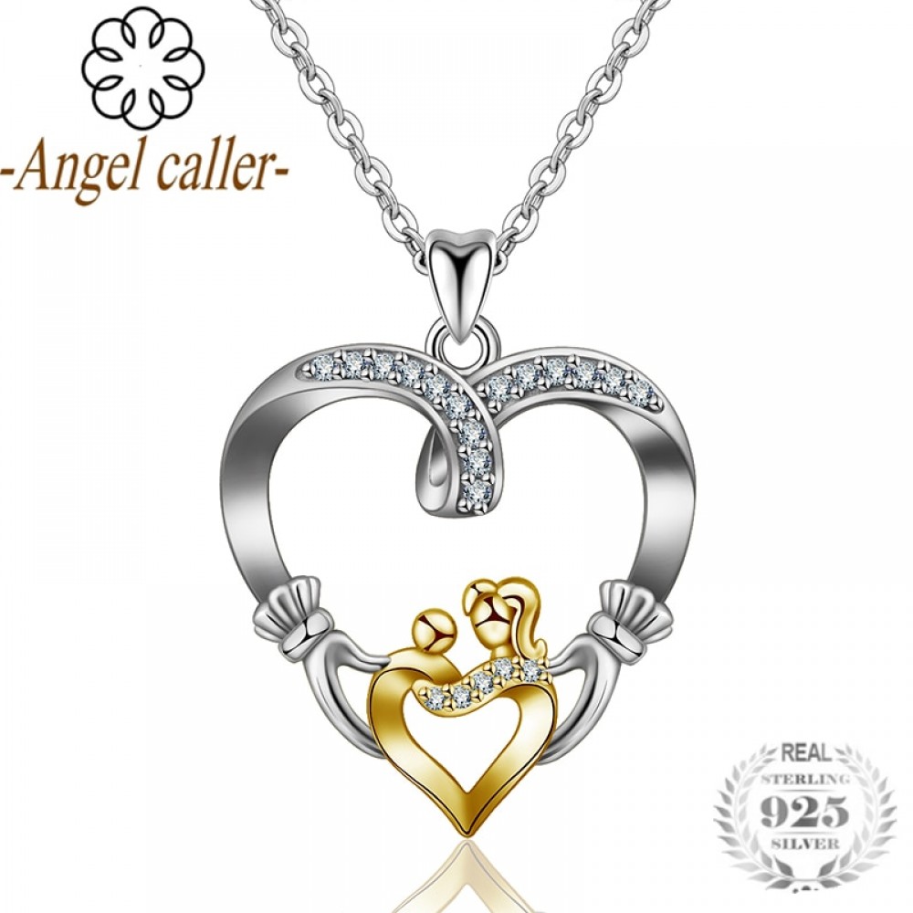 Angel Caller  925 Silver Gold Mother Love Heart Pendant Mom Hand in Hand Baby Double Hearts Charm for Mothers Day Gift Jewelry