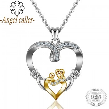 Angel Caller  925 Silver Gold Mother Love Heart Pendant Mom Hand in Hand Baby Double Hearts Charm for Mothers Day Gift Jewelry