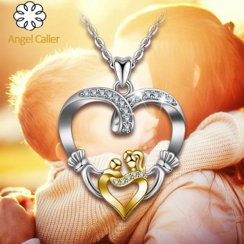 Angel Caller  925 Silver Gold Mother Love Heart Pendant Mom Hand in Hand Baby Double Hearts Charm for Mothers Day Gift Jewelry