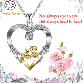 Angel Caller  925 Silver Gold Mother Love Heart Pendant Mom Hand in Hand Baby Double Hearts Charm for Mothers Day Gift Jewelry