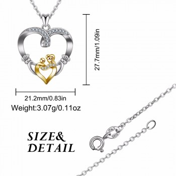 Angel Caller  925 Silver Gold Mother Love Heart Pendant Mom Hand in Hand Baby Double Hearts Charm for Mothers Day Gift Jewelry