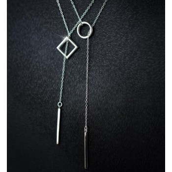 real. 925 Sterling Silver Open sQUARE Circleamp; Lucky Bar Pendant Y lariat necklace girls gift Sterling-Silver-jewelry GTLX1208