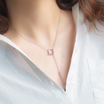 real. 925 Sterling Silver Open sQUARE Circleamp; Lucky Bar Pendant Y lariat necklace girls gift Sterling-Silver-jewelry GTLX1208