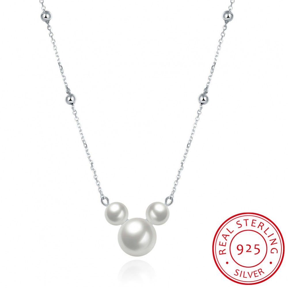 SILVERHOO 925 Sterling Silver Pearl Necklaces Womens Three Pearl Pendant  Wedding Lovely Mickey Shape Necklaces