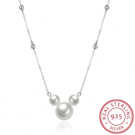 SILVERHOO 925 Sterling Silver Pearl Necklaces Womens Three Pearl Pendant  Wedding Lovely Mickey Shape Necklaces