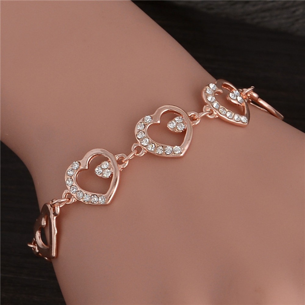 SHUANGR 2018 Girl Summer Rose Gold Link Chain Bracelet for Women Crystal Hollow Out Heart Jewelry Gift Wholesale Price Bangles