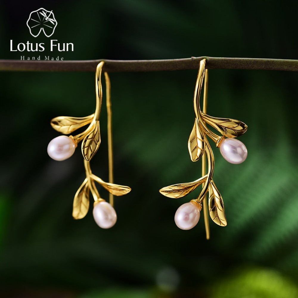 Lotus Fun Real 925 Sterling Silver Natural Pearl Handmade Fine Jewelry Waterdrops from the Olive Leaves Earrings for Women