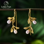 Lotus Fun Real 925 Sterling Silver Natural Pearl Handmade Fine Jewelry Waterdrops from the Olive Leaves Earrings for Women