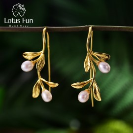 Lotus Fun Real 925 Sterling Silver Natural Pearl Handmade Fine Jewelry Waterdrops from the Olive Leaves Earrings for Women