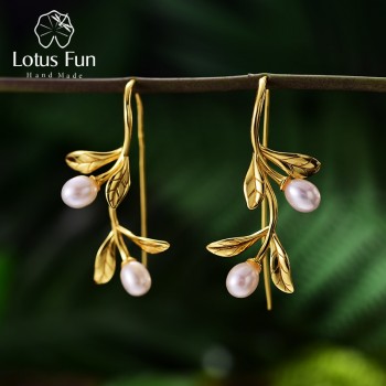 Lotus Fun Real 925 Sterling Silver Natural Pearl Handmade Fine Jewelry Waterdrops from the Olive Leaves Earrings for Women