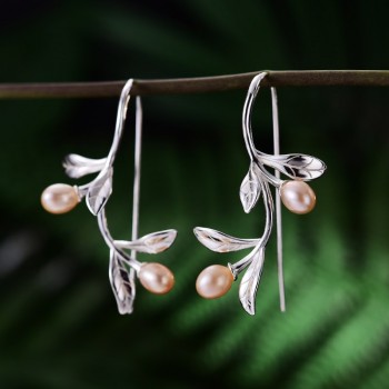 Lotus Fun Real 925 Sterling Silver Natural Pearl Handmade Fine Jewelry Waterdrops from the Olive Leaves Earrings for Women