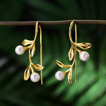 Lotus Fun Real 925 Sterling Silver Natural Pearl Handmade Fine Jewelry Waterdrops from the Olive Leaves Earrings for Women