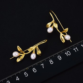 Lotus Fun Real 925 Sterling Silver Natural Pearl Handmade Fine Jewelry Waterdrops from the Olive Leaves Earrings for Women