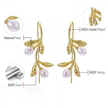 Lotus Fun Real 925 Sterling Silver Natural Pearl Handmade Fine Jewelry Waterdrops from the Olive Leaves Earrings for Women