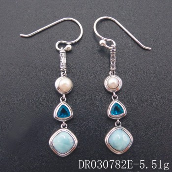 New Fashion Woman Jewelry 925 Sterling Silver Handmade Earrings, Natural Real Larimar Dangle Drop Earrings, 1 Pair