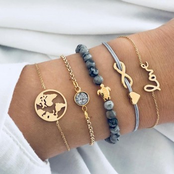 Fashion Bohemian Shell Turtle Charm Bracelets for Women Gold Color Map Bangles Set Strand Beads Bracelet Female 2018 Jewelry
