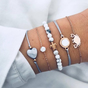 Fashion Bohemian Shell Turtle Charm Bracelets for Women Gold Color Map Bangles Set Strand Beads Bracelet Female 2018 Jewelry