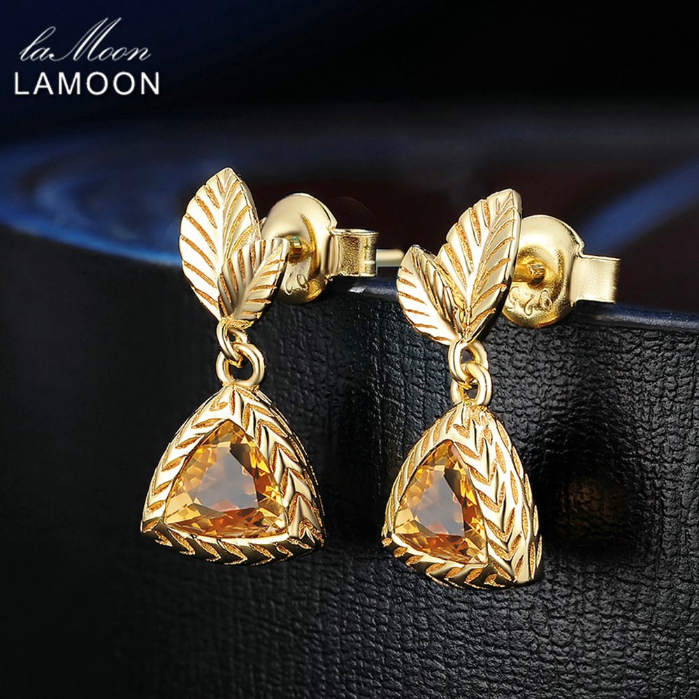 LAMOON 6mm 2ct 100% Natural Triangle Citrine 925 Sterling Silver Jewelry  Drop Earrings S925 LMEI009