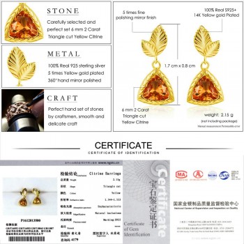 LAMOON 6mm 2ct 100% Natural Triangle Citrine 925 Sterling Silver Jewelry  Drop Earrings S925 LMEI009