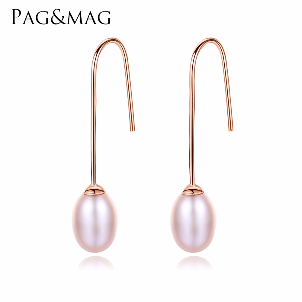 PAGamp;MAG New Fashion Genuine 7-8mm Freshwater Pearl Hook Earrings For Women 925 Sterling Silver Jewelry White/Pink/Purple Pearls
