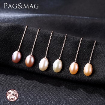 PAGamp;MAG New Fashion Genuine 7-8mm Freshwater Pearl Hook Earrings For Women 925 Sterling Silver Jewelry White/Pink/Purple Pearls
