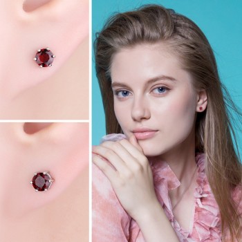 JewelryPalace VVS Red Round Gemstone Jewelry Natural Garnet Earrings Stud Genuine 925 Sterling Silver Jewelry Brand New