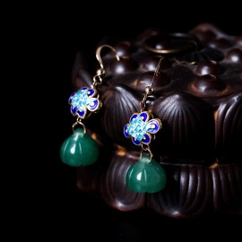 LouLeur 100% 14K gold lotus drop earrings green jade jasper ethnic 14k gold Cloisonne earrings for women jewelry for charms