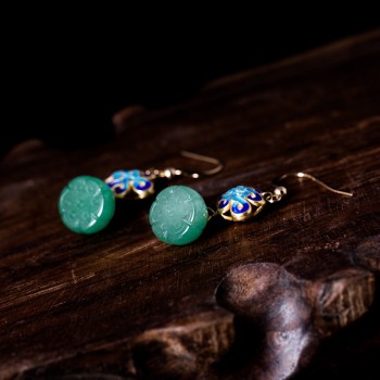 LouLeur 100% 14K gold lotus drop earrings green jade jasper ethnic 14k gold Cloisonne earrings for women jewelry for charms