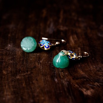 LouLeur 100% 14K gold lotus drop earrings green jade jasper ethnic 14k gold Cloisonne earrings for women jewelry for charms