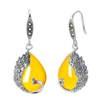 ZHJIASHUN 925 Sterling Silver Green Chalcedony Natural Stone Earrings Peacock Shape Bohemian Indian Jewelry For Women