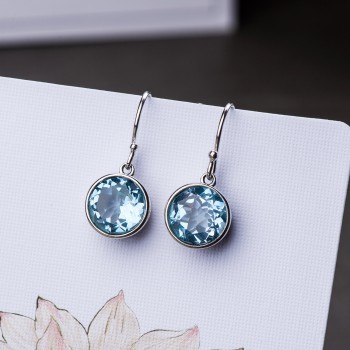 London Topaz Earrings Blue Natural Gemstone Drop Earrings For Women Simple Hook 925 Sterling Silver Hollow Design Round Shape