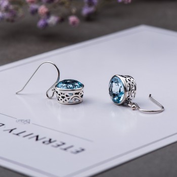London Topaz Earrings Blue Natural Gemstone Drop Earrings For Women Simple Hook 925 Sterling Silver Hollow Design Round Shape