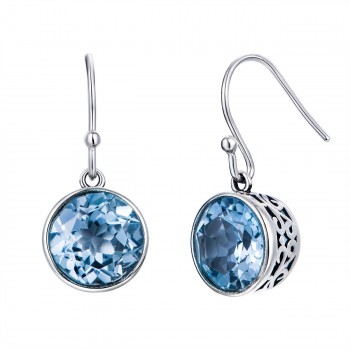 London Topaz Earrings Blue Natural Gemstone Drop Earrings For Women Simple Hook 925 Sterling Silver Hollow Design Round Shape