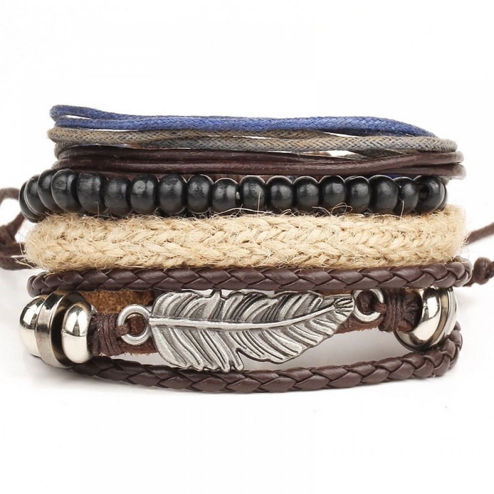 1 Set 4PCS leather bracelet Mens multi-layer bead bracelet womens retro punk casual mens jewelry bracelet jewelry accessories
