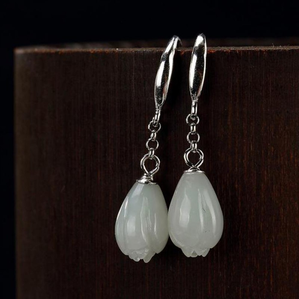925 Sterling Silver Hetian Natural Jade Pendant Earrings Engraved Flower Buds Vintage Elegant Hook Dangle Earrings For Women