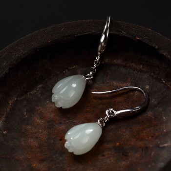 925 Sterling Silver Hetian Natural Jade Pendant Earrings Engraved Flower Buds Vintage Elegant Hook Dangle Earrings For Women