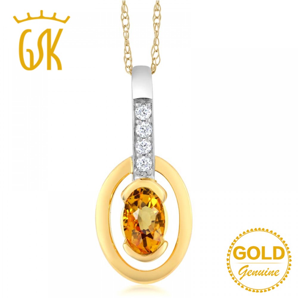 GemStoneKing 10K Two Tone Gold Fine Jewelry 0.27 Ct Oval Natural Yellow Sapphire and Diamond Pendant Necklace For Women