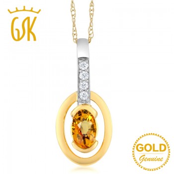 GemStoneKing 10K Two Tone Gold Fine Jewelry 0.27 Ct Oval Natural Yellow Sapphire and Diamond Pendant Necklace For Women