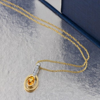 GemStoneKing 10K Two Tone Gold Fine Jewelry 0.27 Ct Oval Natural Yellow Sapphire and Diamond Pendant Necklace For Women