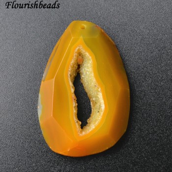 Bright Color Yellow / Pink Natural Geode Drusy Agate Surface Cutting Pear Shape Stone Pendants DIY Jewelry Making Supplies