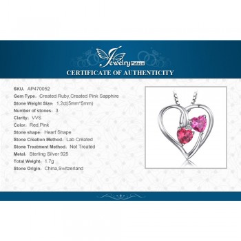 JewelryPalace Love 1.2ct Heart Created Ruby Pink Sapphire Pendant 925 Sterling Silver Wedding Fine Jewelry Not Include the Chain